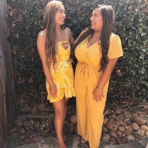 mustard yellow wrap tie dress